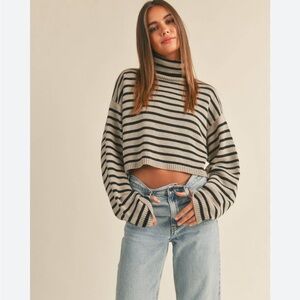 MIOU MUSE GRACIE STRIPED TURTLE NECK CROP SWEATER Black and Cream Size Small